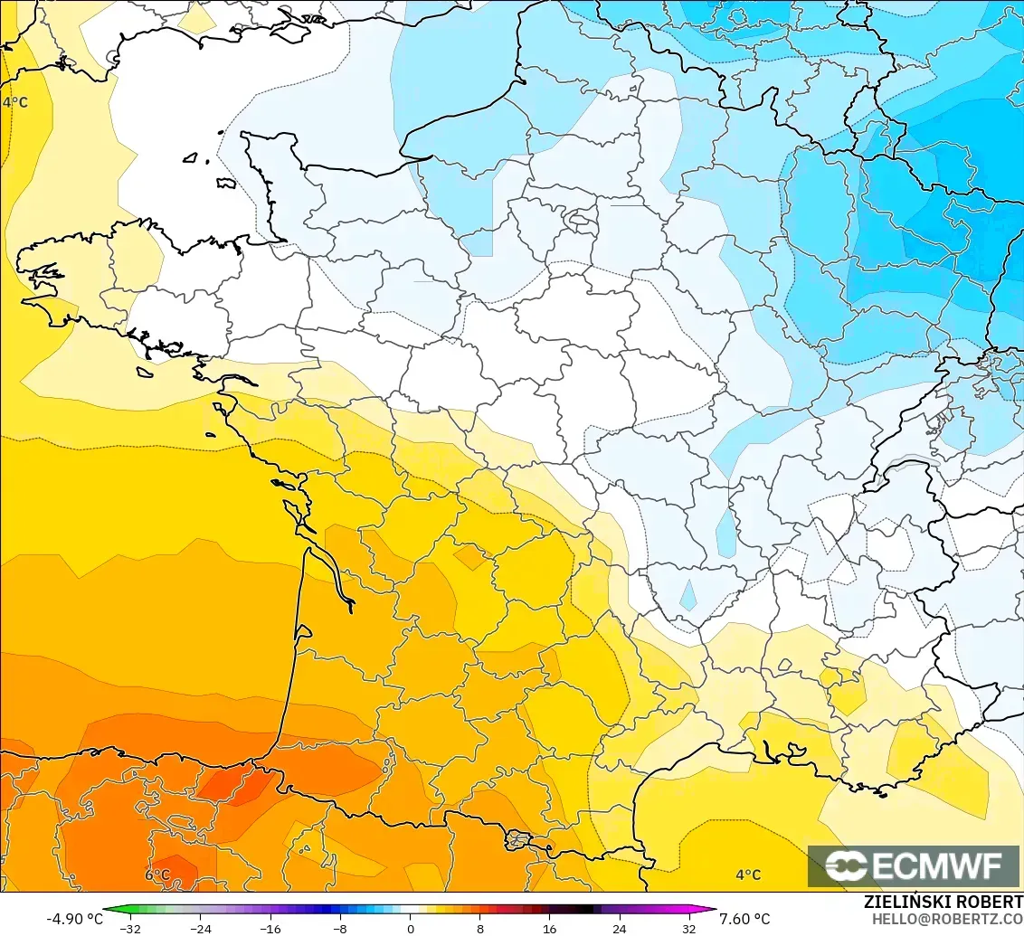 ECMWF IFS 0.25° modelo - Francia, Anomalía de temperatura a 850 hPa