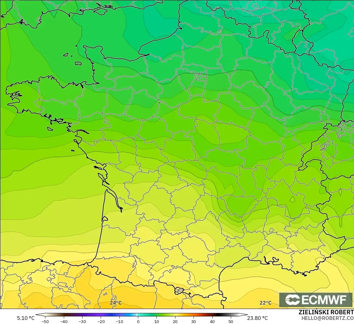 ECMWF IFS 0.25° modelo - Francia, Temperatura a 850 hPa