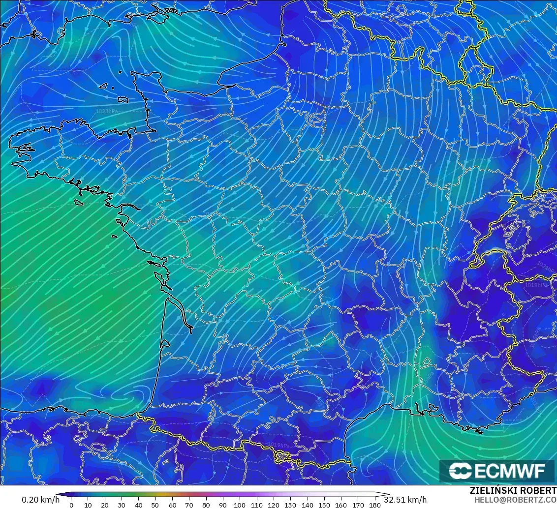 ECMWF IFS 0.25° modelo - Francia, Viento a 10 m