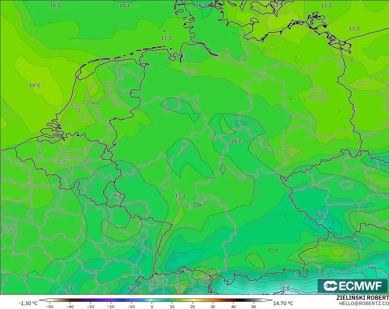 ECMWF IFS 0.25° modelo - Alemania, Punto de rocío a 2 m