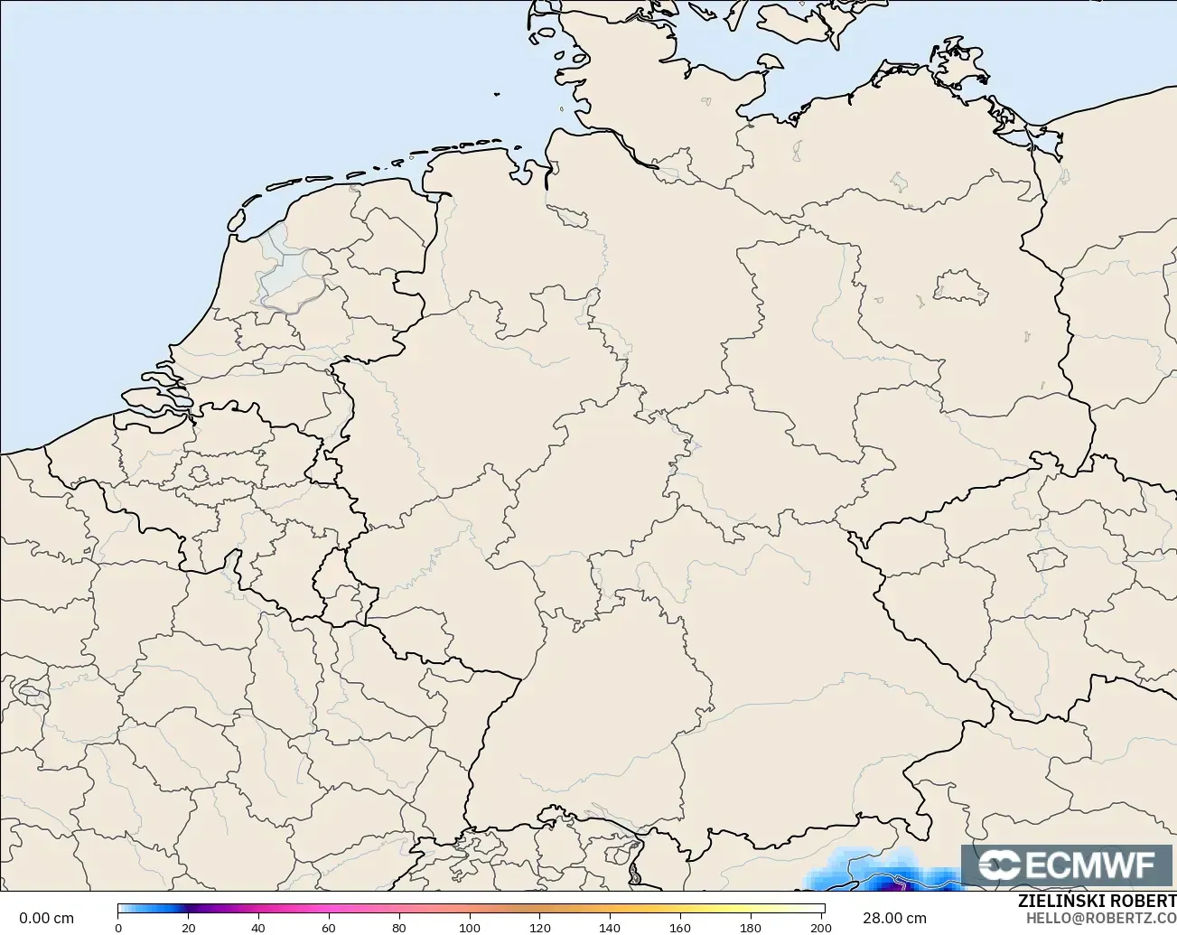 ECMWF IFS 0.25° modelo - Alemania, Profundidad de nieve
