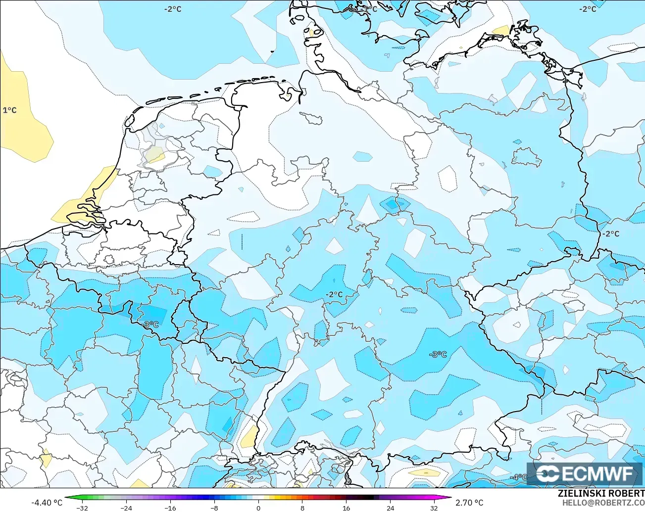 ECMWF IFS 0.25° modelo - Alemania, Anomalía de temperatura a 2 m
