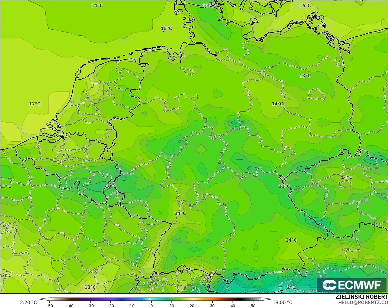 ECMWF IFS 0.25° modelo - Alemania, Temperatura a 2 m