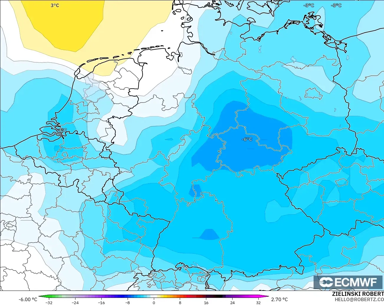 ECMWF IFS 0.25° modelo - Alemania, Anomalía de temperatura a 850 hPa