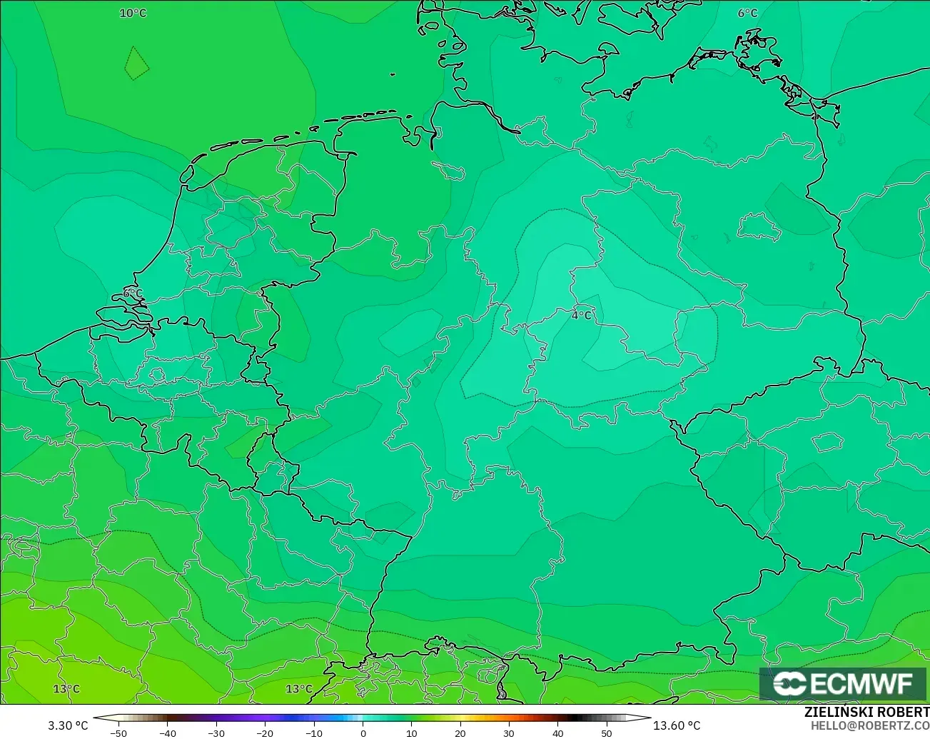 ECMWF IFS 0.25° modelo - Alemania, Temperatura a 850 hPa