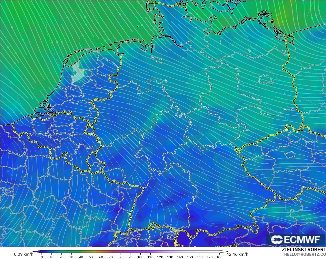 ECMWF IFS 0.25° modelo - Alemania, Viento a 10 m