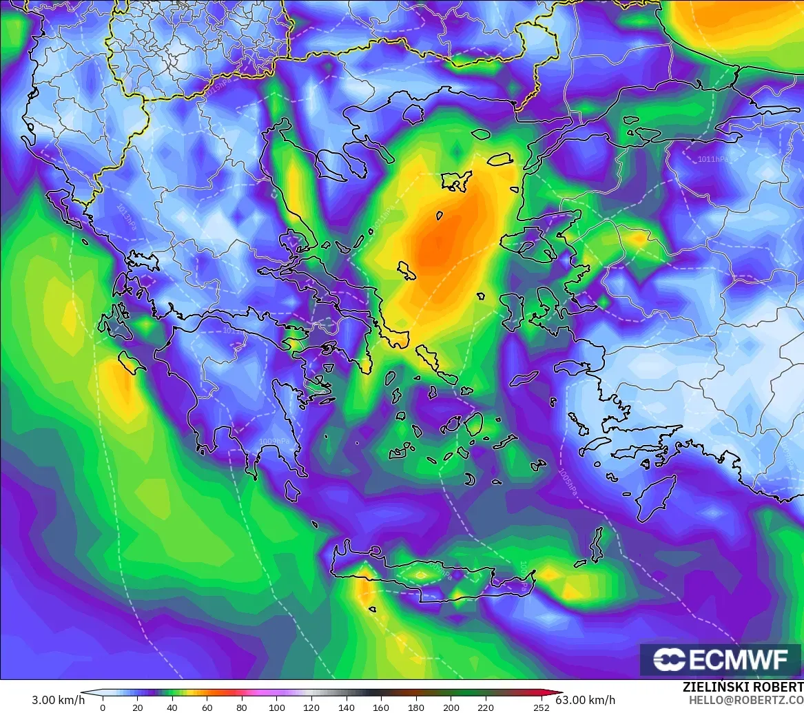 ECMWF IFS 0.25° modelo - Grecia, Ráfagas de Viento Máximas