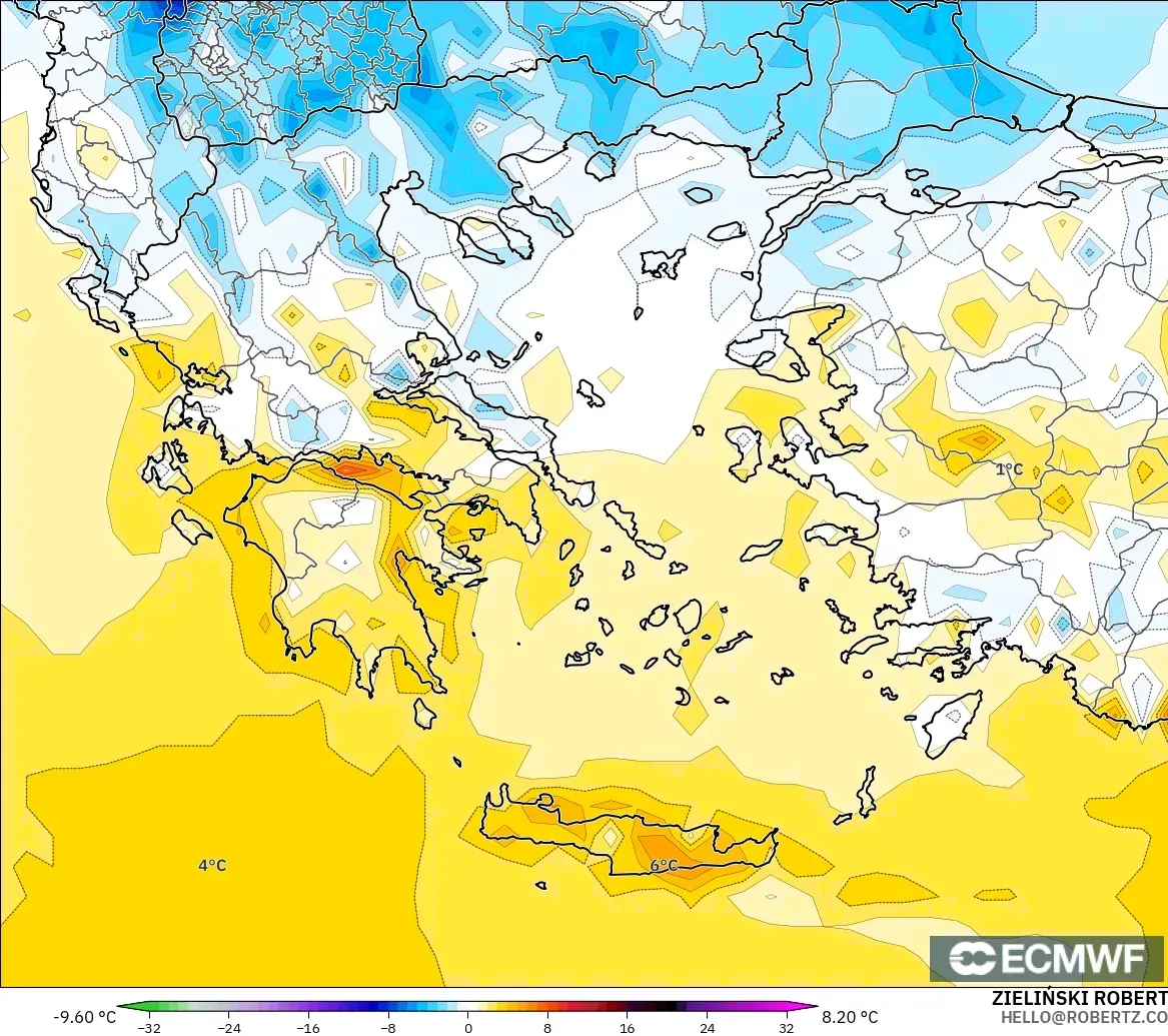 ECMWF IFS 0.25° modelo - Grecia, Anomalía de temperatura a 2 m