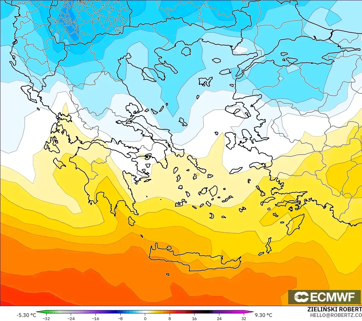 ECMWF IFS 0.25° modelo - Grecia, Anomalía de temperatura a 850 hPa