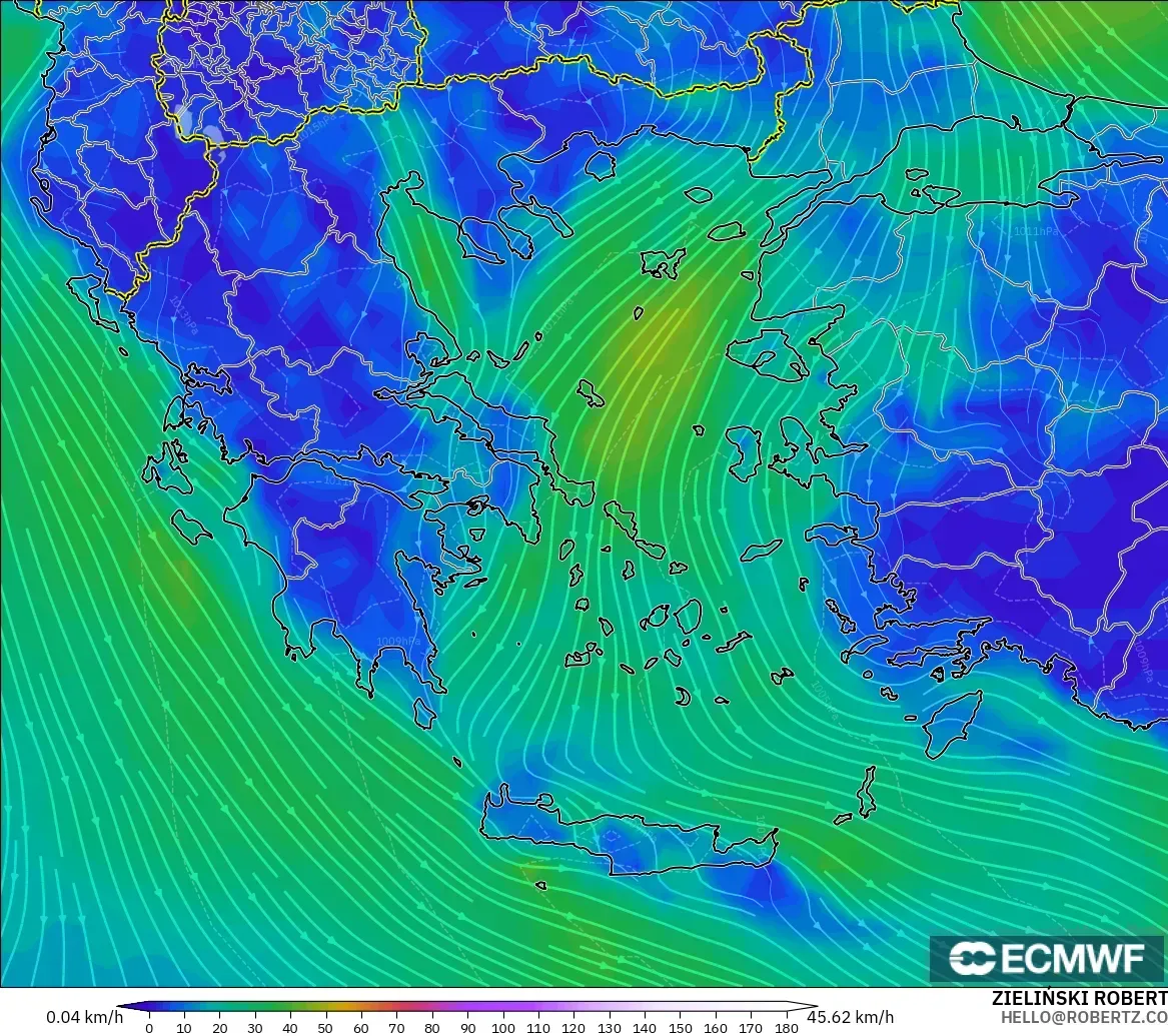 ECMWF IFS 0.25° modelo - Grecia, Viento a 10 m
