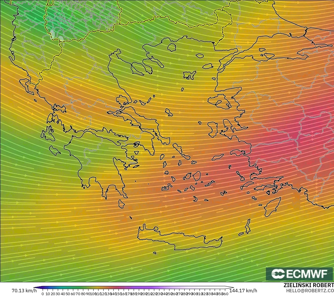 ECMWF IFS 0.25° modelo - Grecia, Viento a 300 hPa (corriente en chorro)