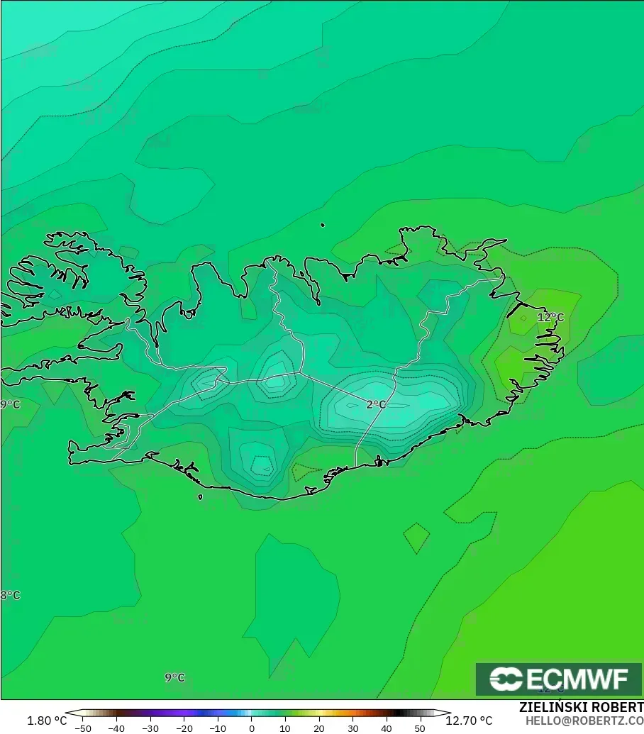 ECMWF IFS 0.25° modelo - Islandia, Punto de rocío a 2 m