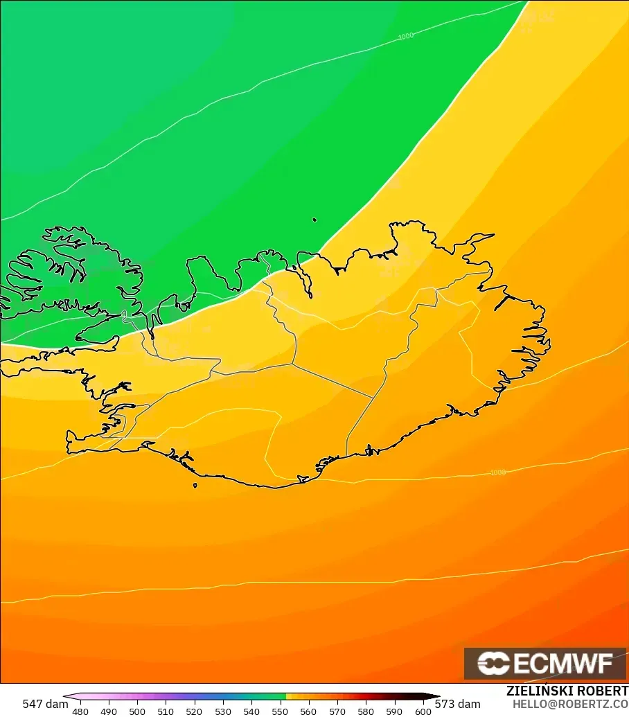 ECMWF IFS 0.25° modelo - Islandia, Altura geopotencial a 500 hPa