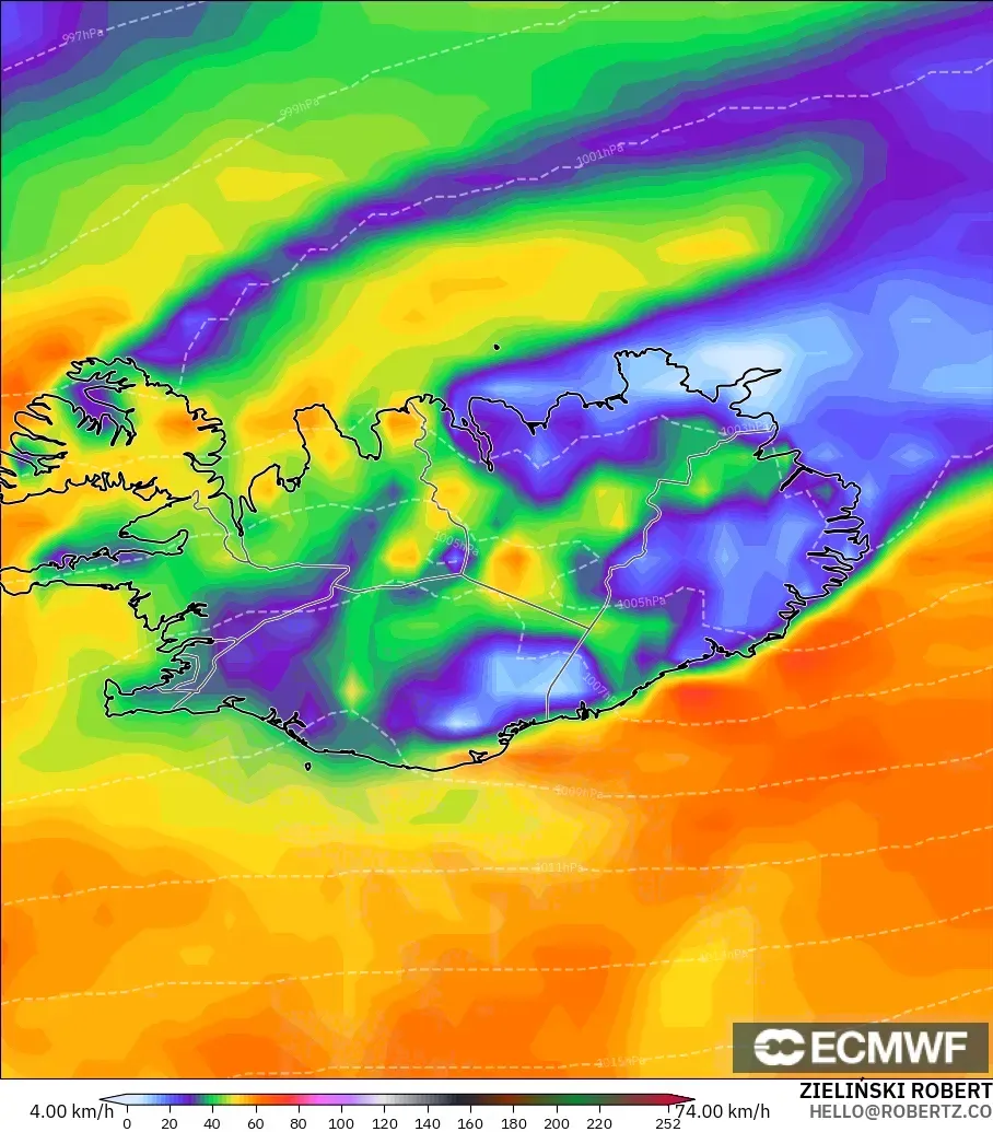 ECMWF IFS 0.25° modelo - Islandia, Ráfagas de Viento Máximas