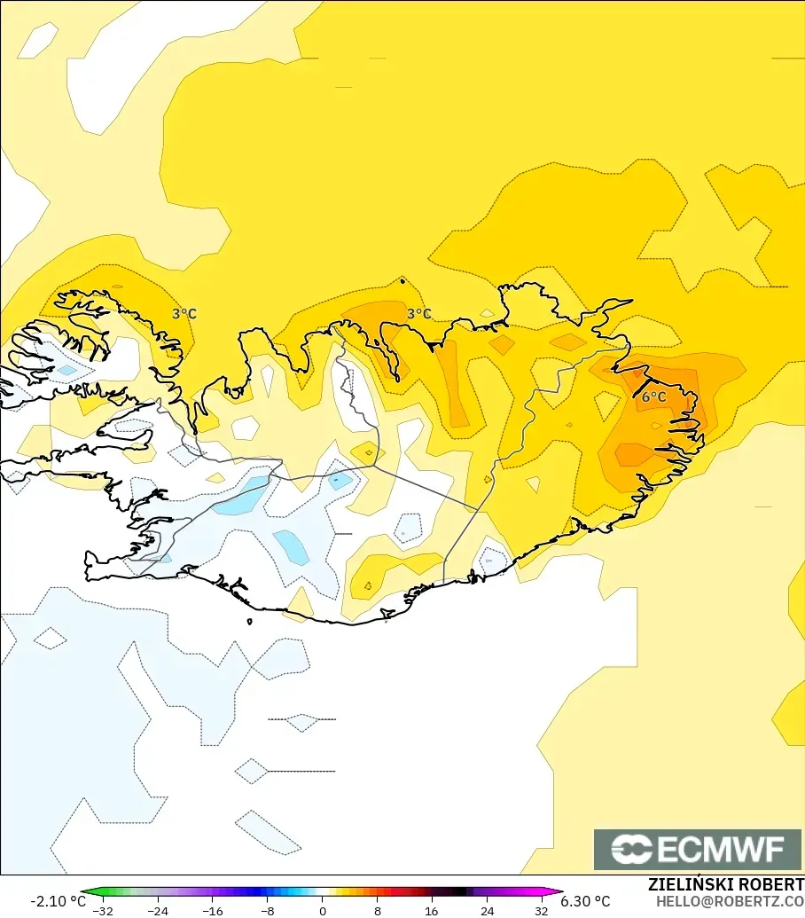 ECMWF IFS 0.25° modelo - Islandia, Anomalía de temperatura a 2 m