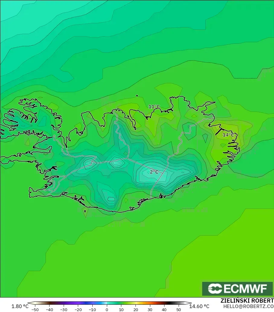 ECMWF IFS 0.25° modelo - Islandia, Temperatura a 2 m
