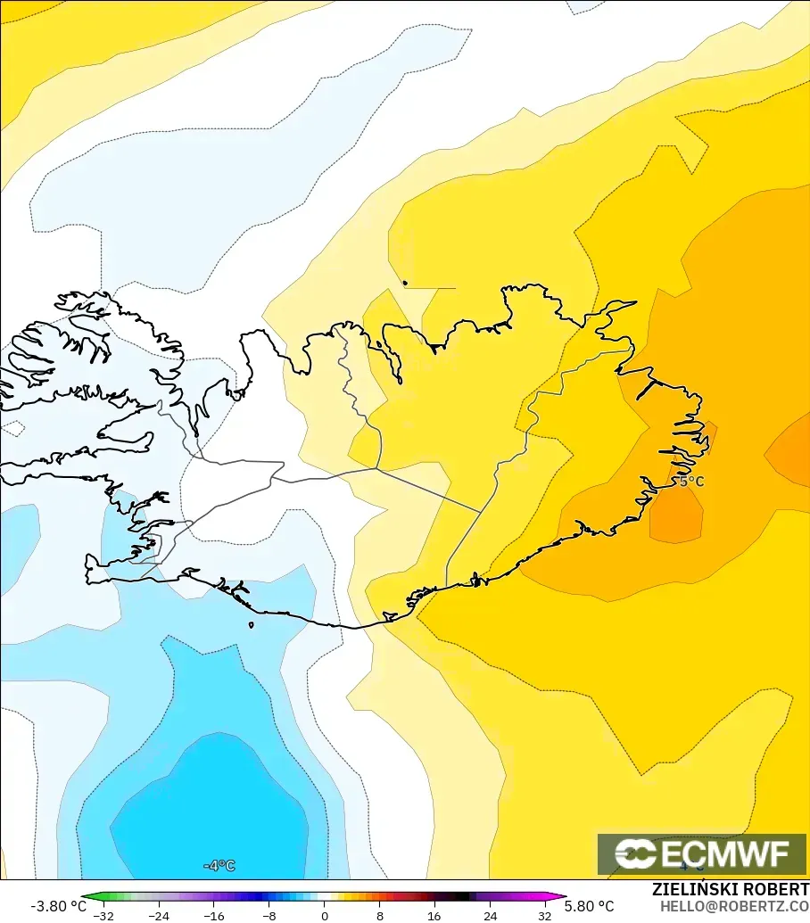 ECMWF IFS 0.25° modelo - Islandia, Anomalía de temperatura a 850 hPa