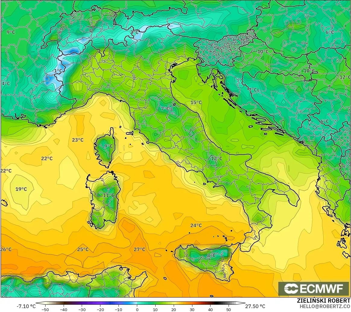 ECMWF IFS 0.25° modelo - Italia, Punto de rocío a 2 m
