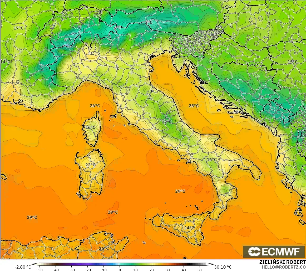 ECMWF IFS 0.25° modelo - Italia, Temperatura a 2 m