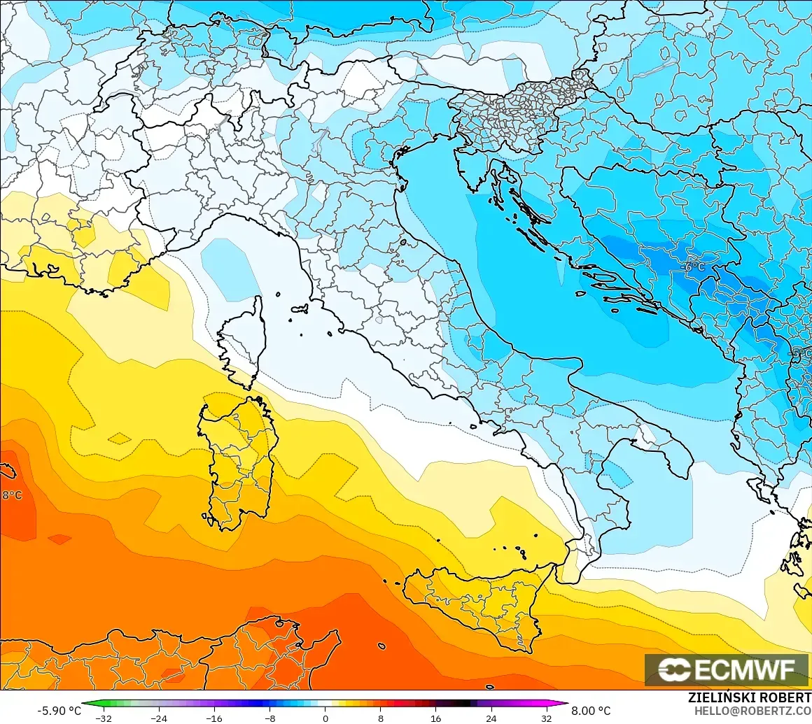 ECMWF IFS 0.25° modelo - Italia, Anomalía de temperatura a 850 hPa