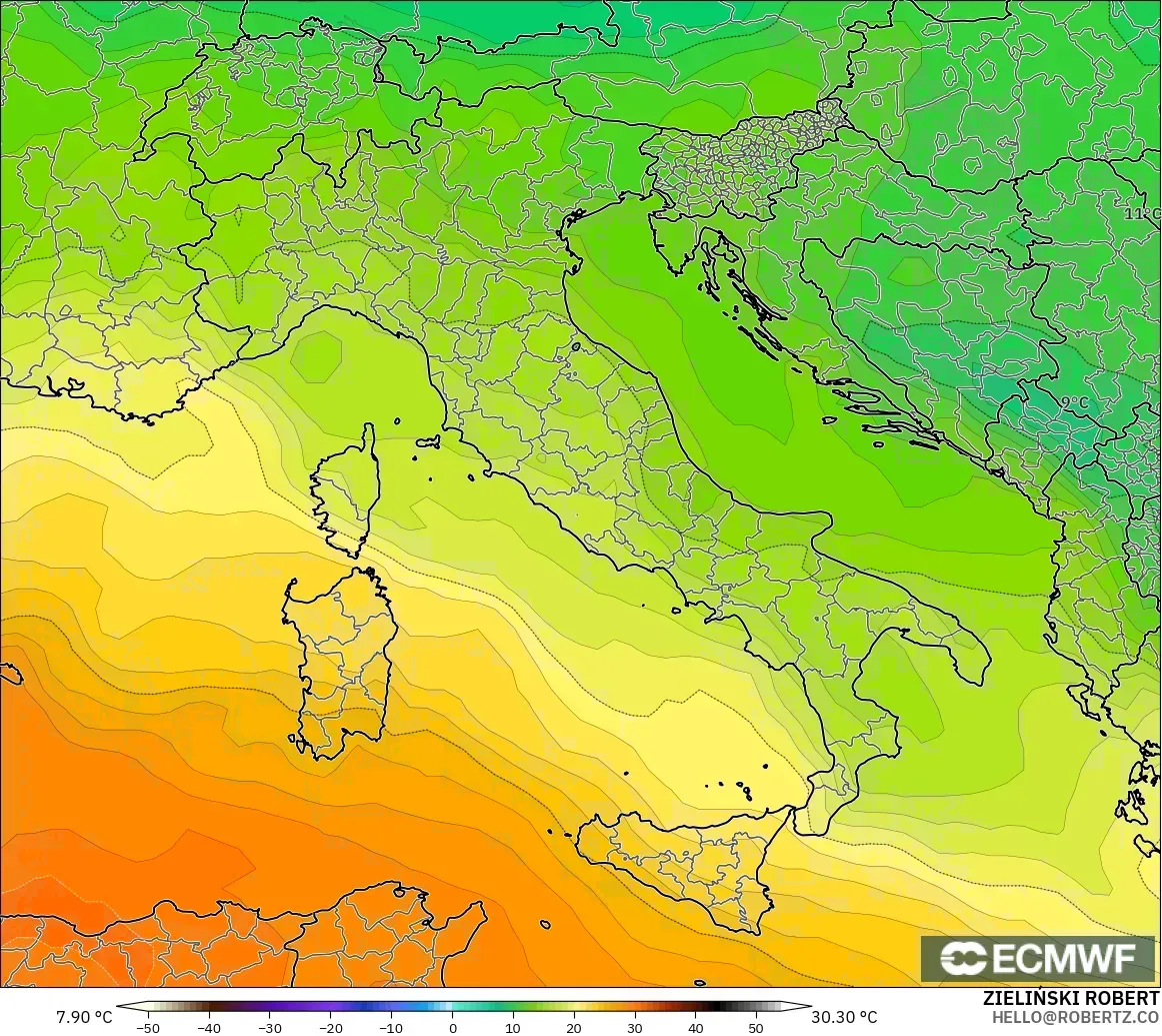 ECMWF IFS 0.25° modelo - Italia, Temperatura a 850 hPa