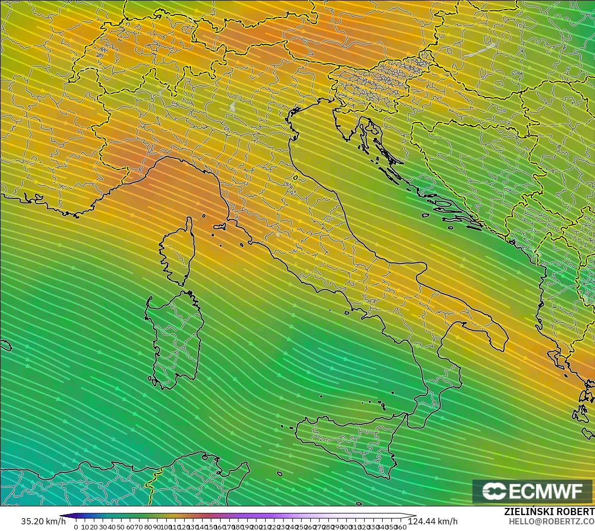 ECMWF IFS 0.25° modelo - Italia, Viento a 300 hPa (corriente en chorro)