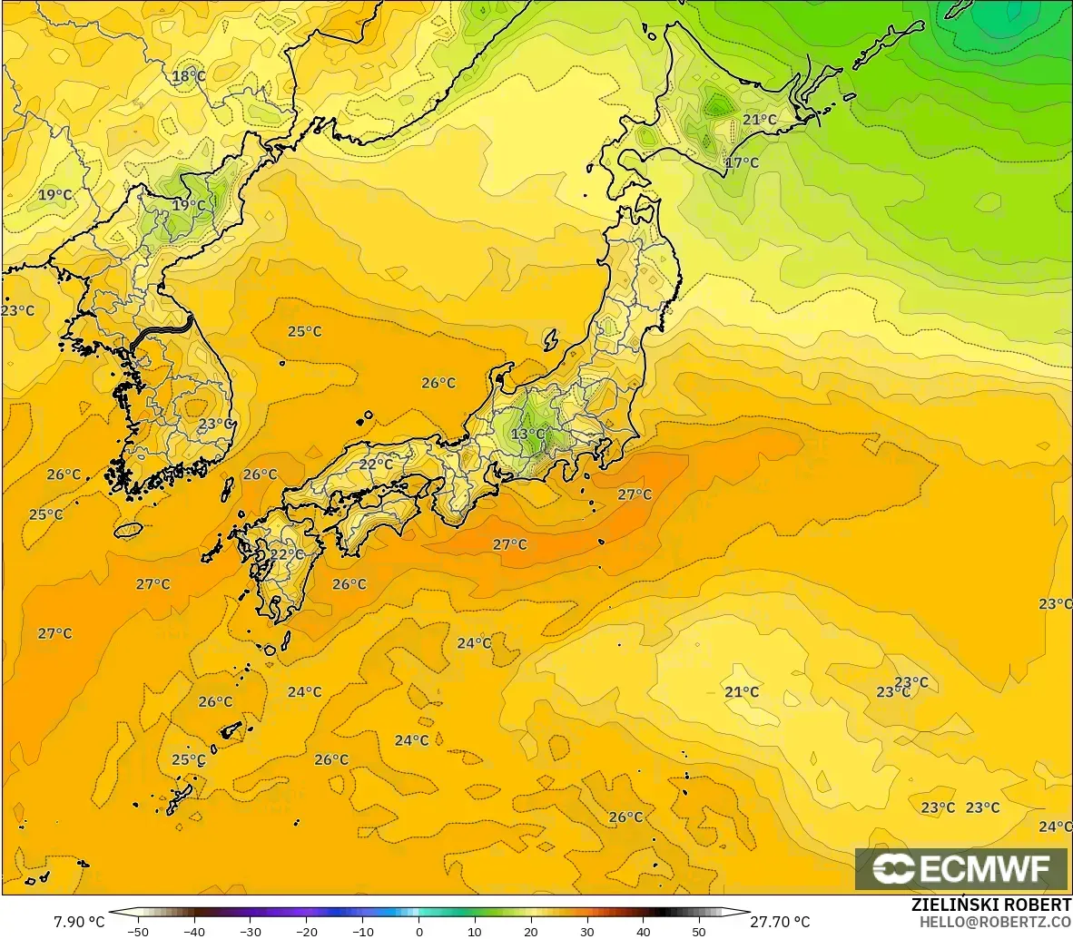 ECMWF IFS 0.25° modelo - Japón, Punto de rocío a 2 m