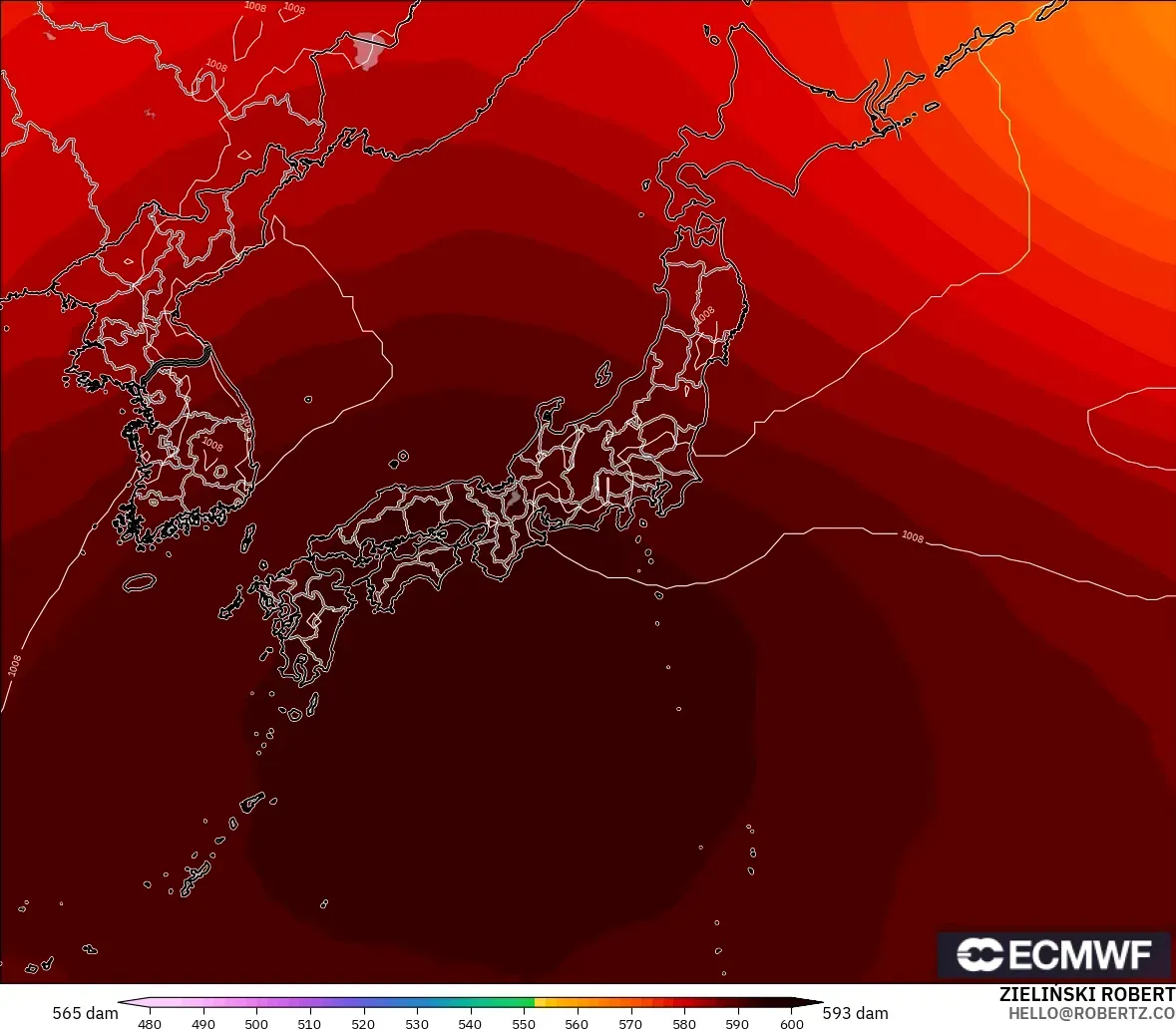 ECMWF IFS 0.25° modelo - Japón, Altura geopotencial a 500 hPa