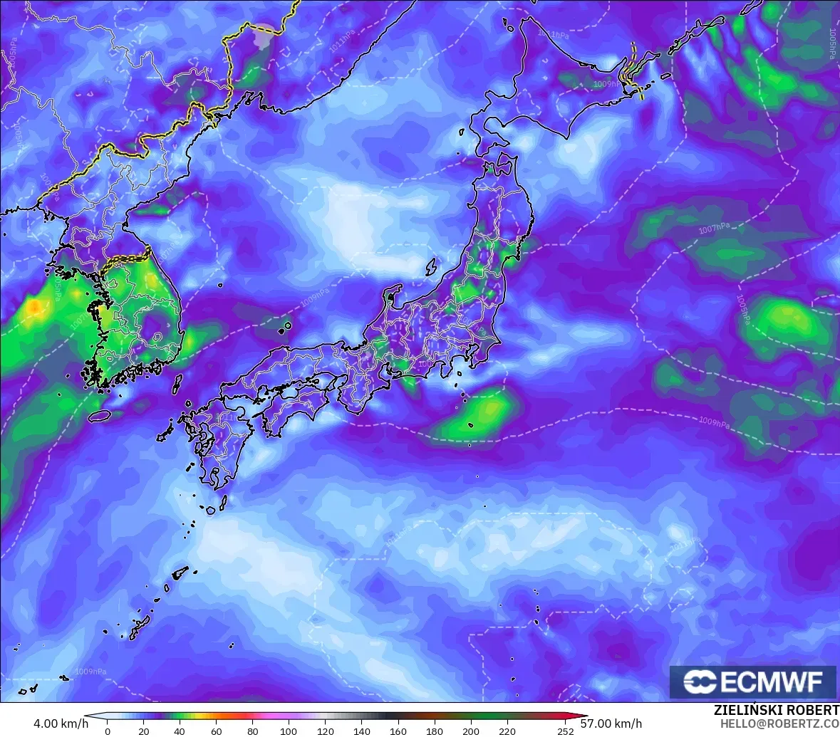 ECMWF IFS 0.25° modelo - Japón, Ráfagas de viento