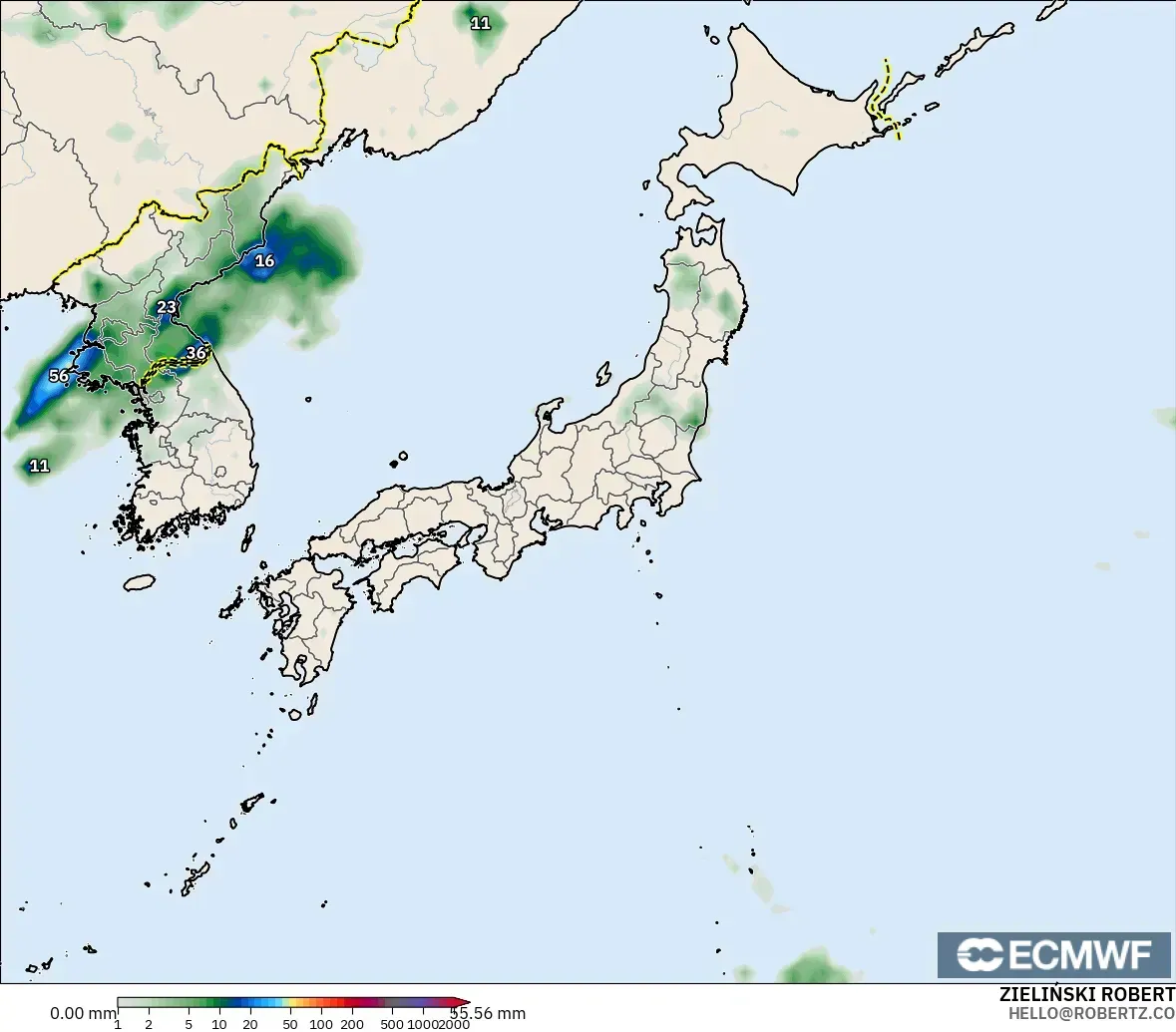 ECMWF IFS 0.25° modelo - Japón, Acumulación de precipitación