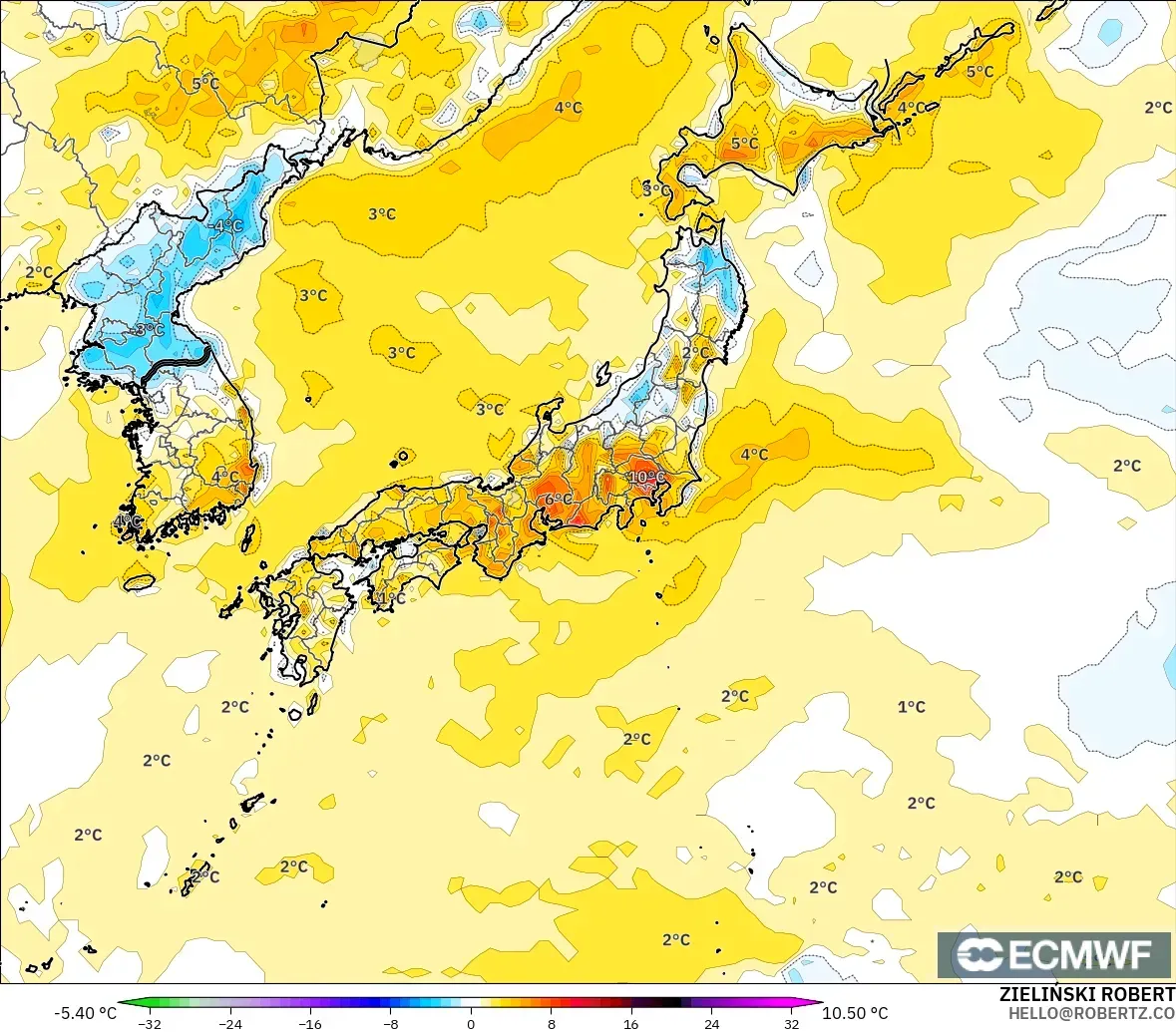 ECMWF IFS 0.25° modelo - Japón, Anomalía de temperatura a 2 m