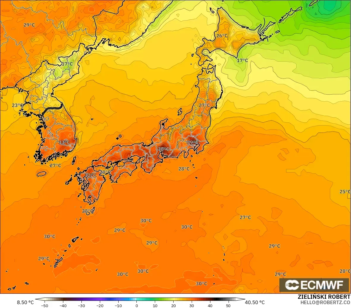 ECMWF IFS 0.25° modelo - Japón, Temperatura a 2 m