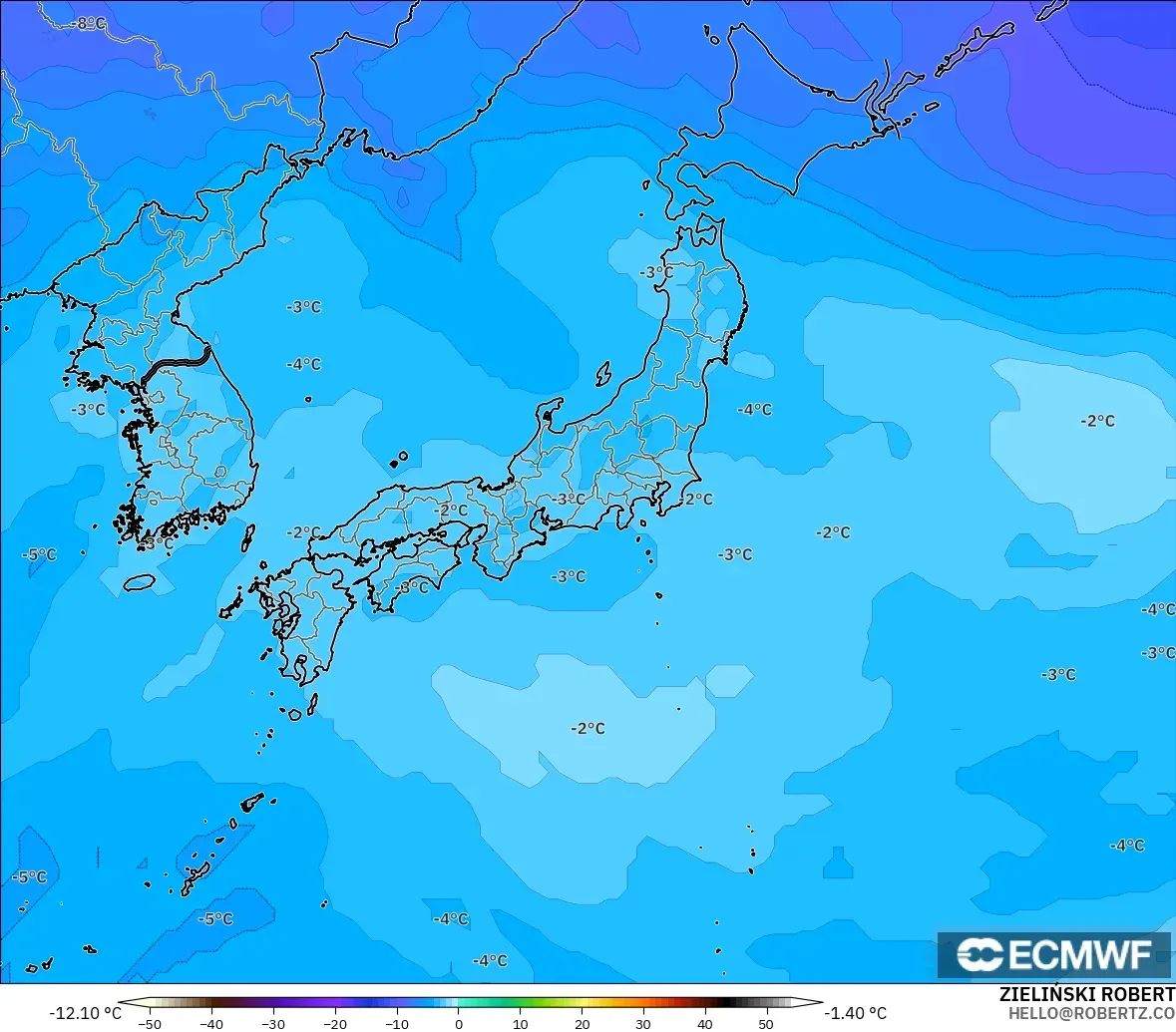 ECMWF IFS 0.25° modelo - Japón, Temperatura a 500 hPa