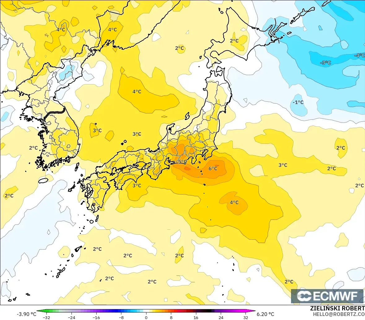 ECMWF IFS 0.25° modelo - Japón, Anomalía de temperatura a 850 hPa