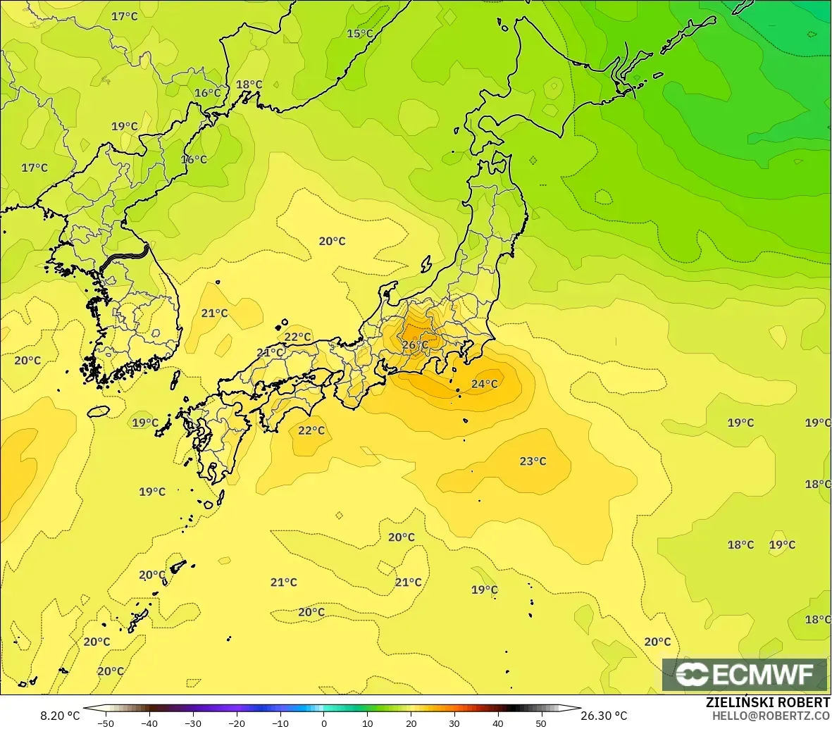 ECMWF IFS 0.25° modelo - Japón, Temperatura a 850 hPa