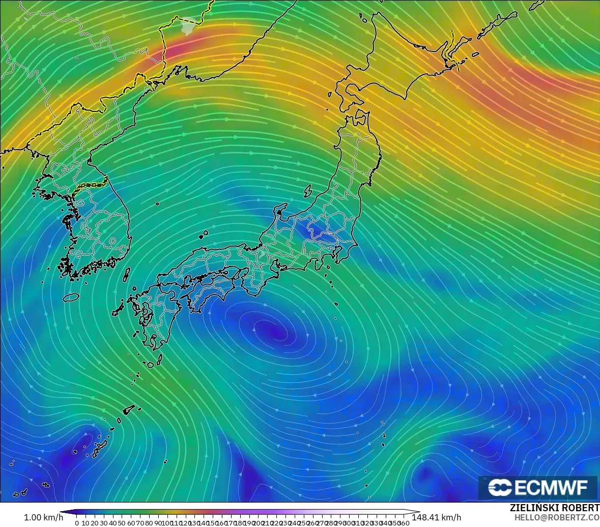 ECMWF IFS 0.25° modelo - Japón, Viento a 300 hPa (corriente en chorro)