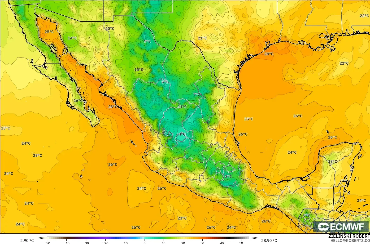 ECMWF IFS 0.25° modelo - México, Punto de rocío a 2 m