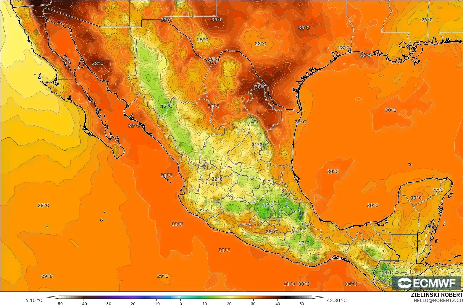 ECMWF IFS 0.25° modelo - México, Temperatura a 2 m