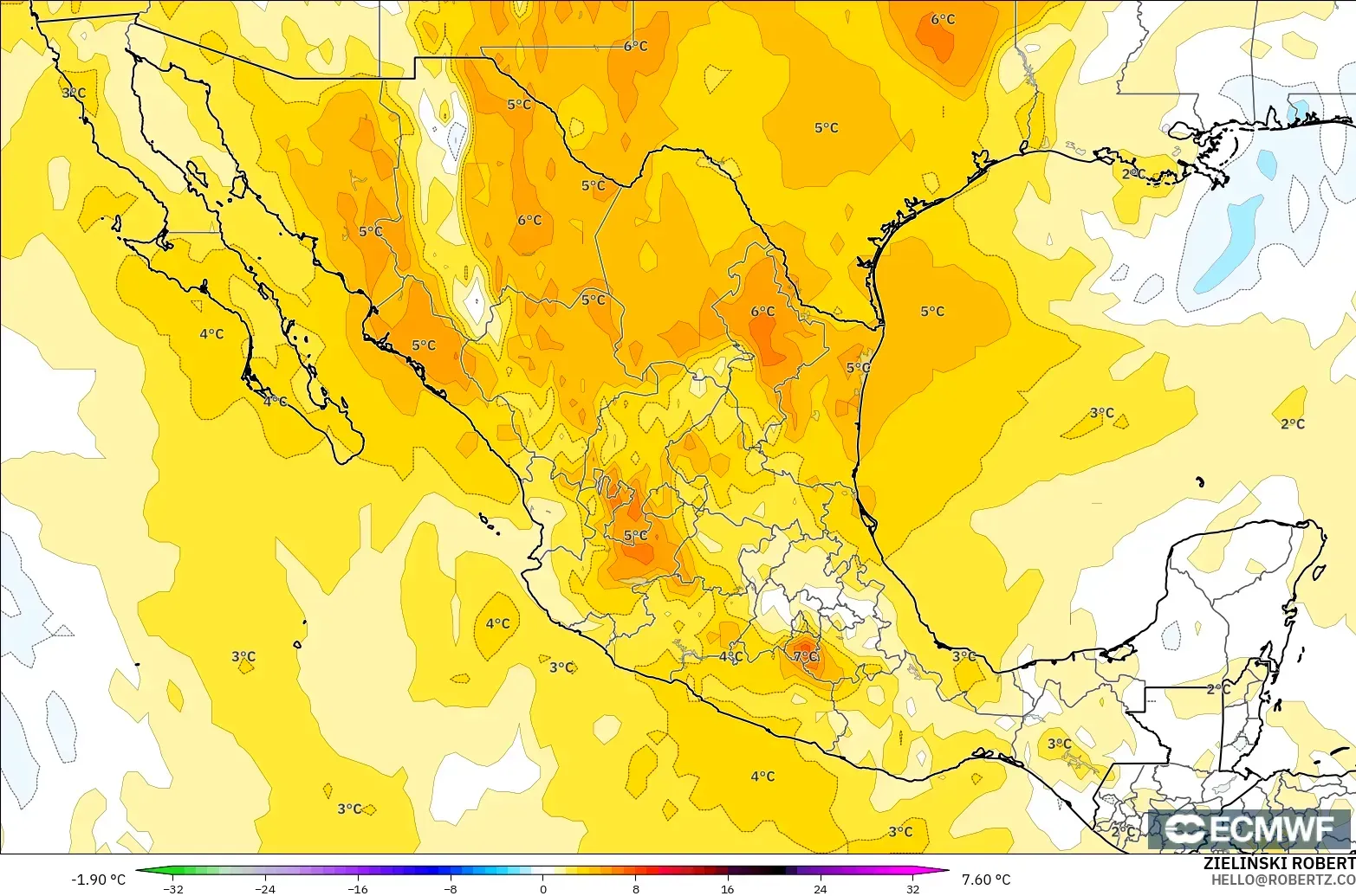 ECMWF IFS 0.25° modelo - México, Anomalía de temperatura a 850 hPa