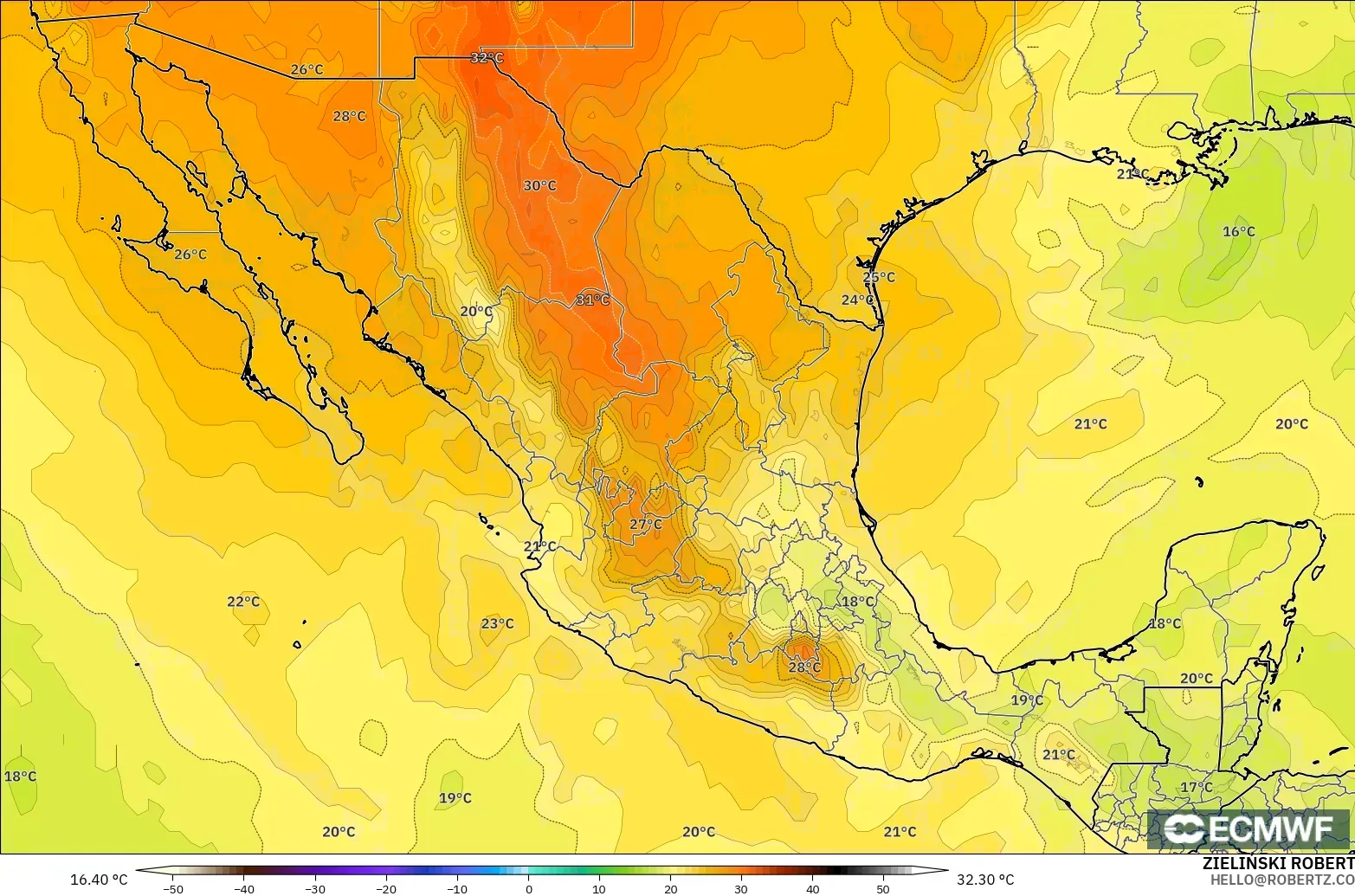 ECMWF IFS 0.25° modelo - México, Temperatura a 850 hPa