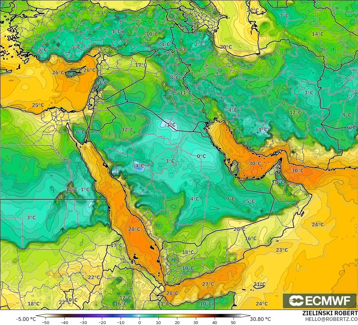 ECMWF IFS 0.25° modelo - Oriente Medio, Punto de rocío a 2 m