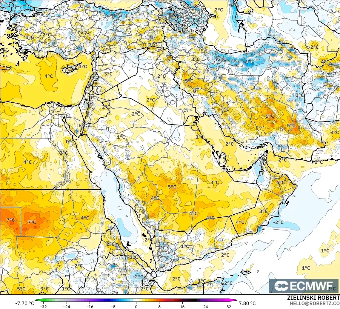 ECMWF IFS 0.25° modelo - Oriente Medio, Anomalía de temperatura a 2 m