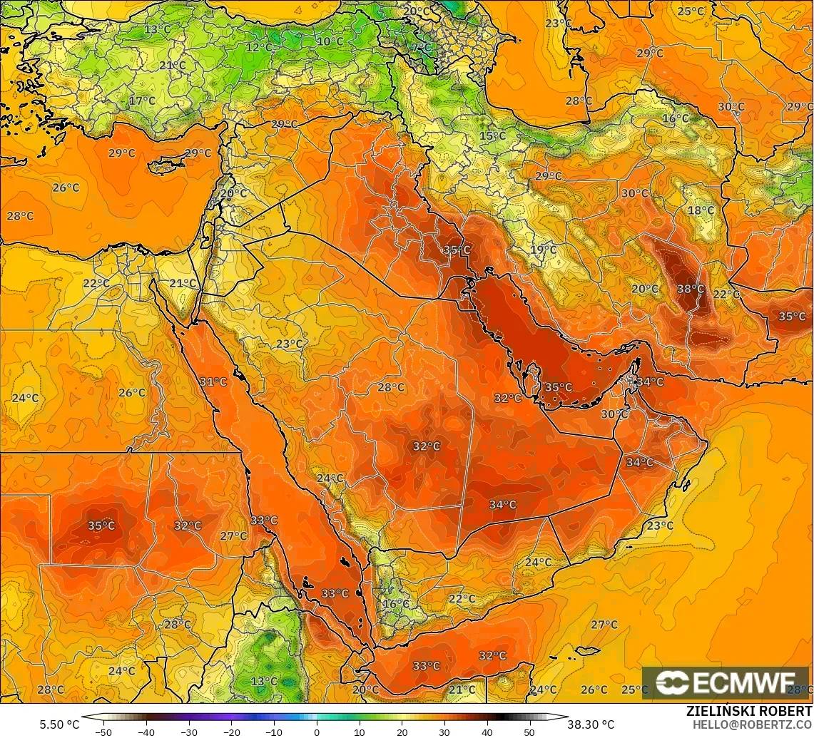 ECMWF IFS 0.25° modelo - Oriente Medio, Temperatura a 2 m