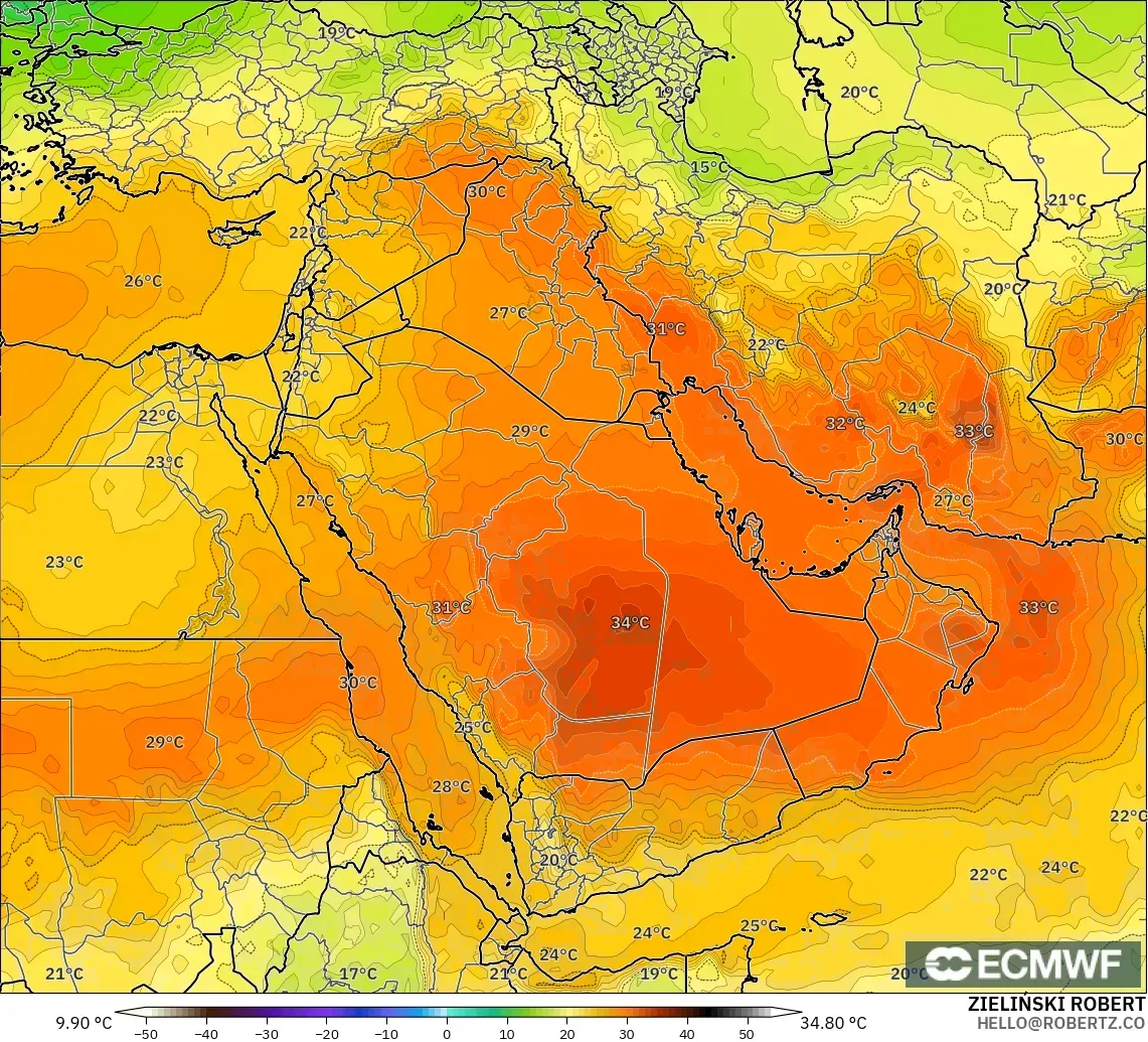ECMWF IFS 0.25° modelo - Oriente Medio, Temperatura a 850 hPa