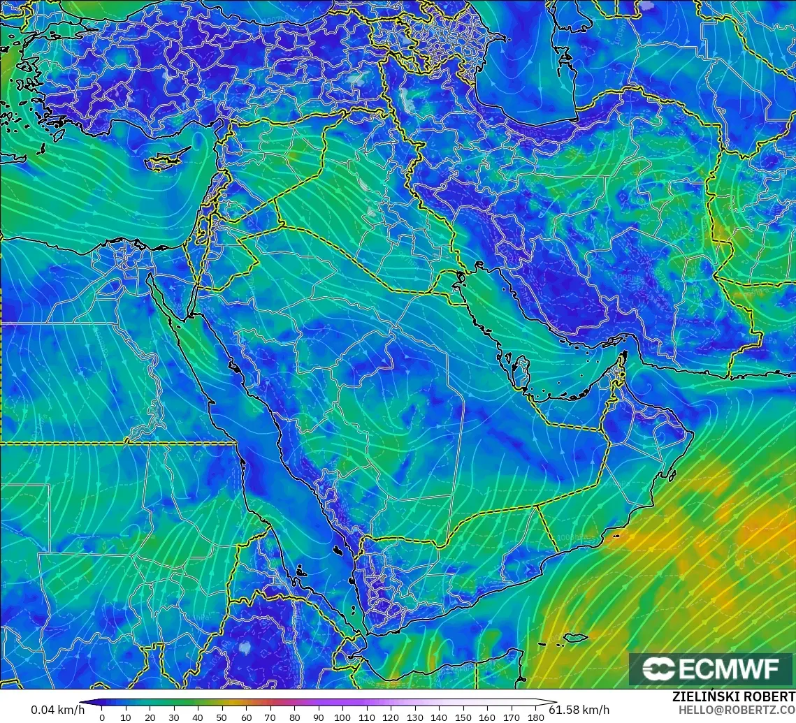 ECMWF IFS 0.25° modelo - Oriente Medio, Viento a 10 m