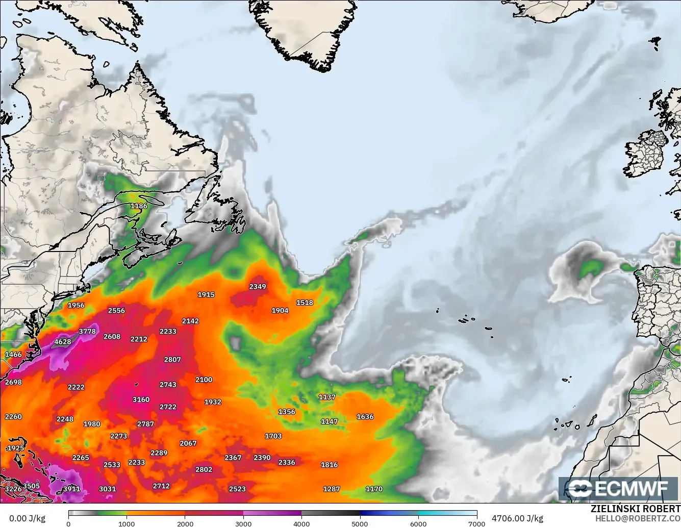 ECMWF IFS 0.25° modelo - Norte Atlántico, CAPE