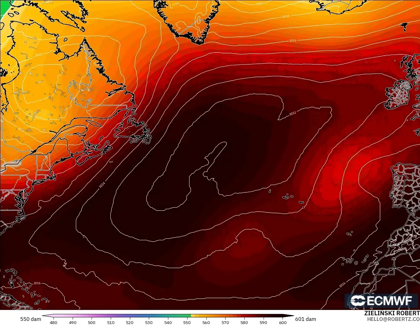 ECMWF IFS 0.25° modelo - Norte Atlántico, Altura geopotencial a 500 hPa
