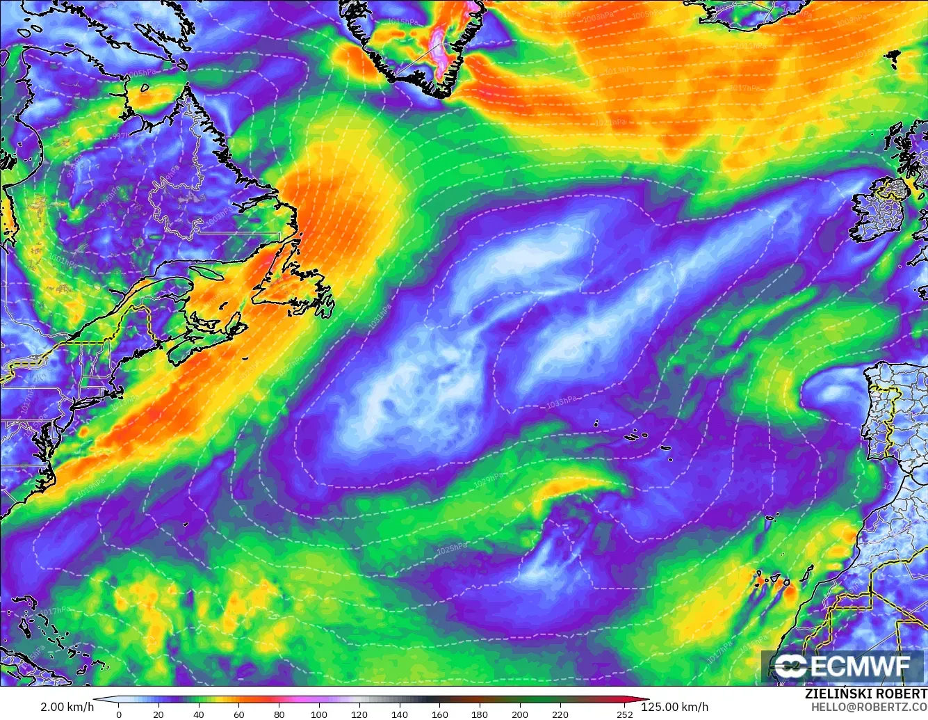 ECMWF IFS 0.25° modelo - Norte Atlántico, Ráfagas de Viento Máximas