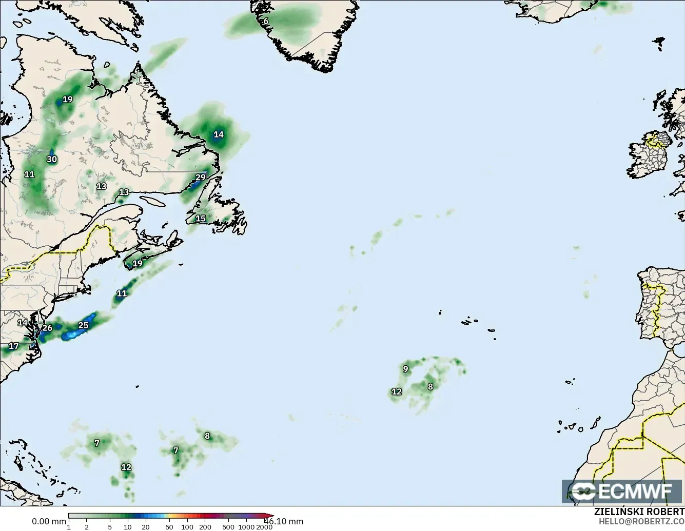 ECMWF IFS 0.25° modelo - Norte Atlántico, Acumulación de precipitación