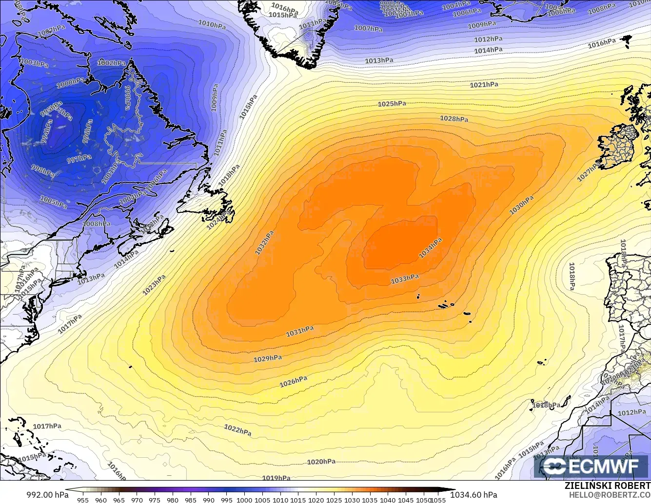 ECMWF IFS 0.25° modelo - Norte Atlántico, Presión